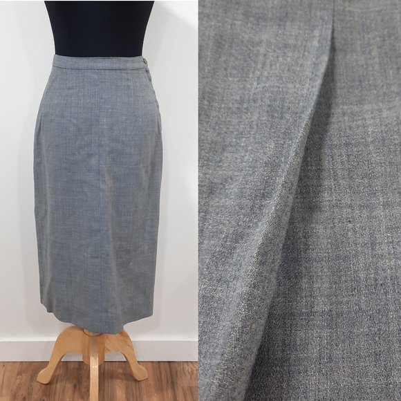 Vtg 60s slate blue pencil skirt w/ back kickpleat - Handmade